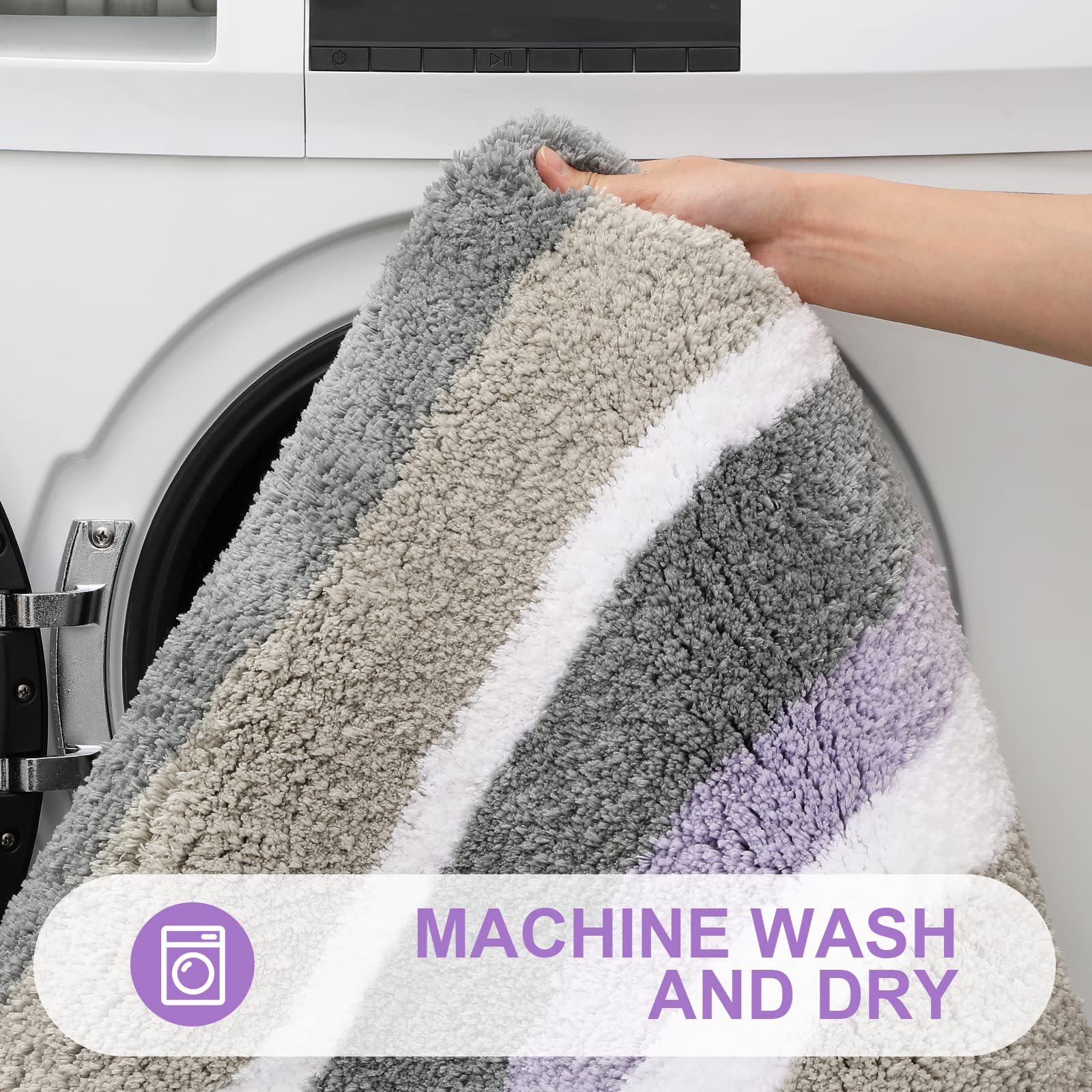 Buganda Microfiber Striped Bathroom Rugs Bath Mat  Extra Thick  Soft and Shaggy  Absorbent  Machine Washable  Anti-Slip Bath Rugs for Bathroom  Tub and Shower  47x24  Purple-Grey